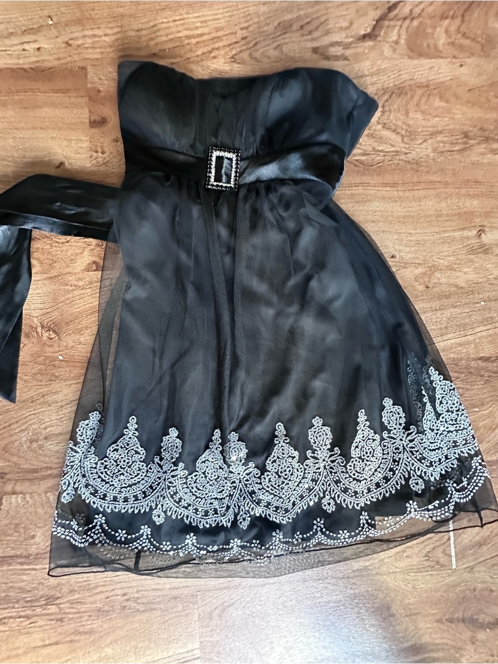 Teeze Me Black Strapless Dress with Silver Embroidery